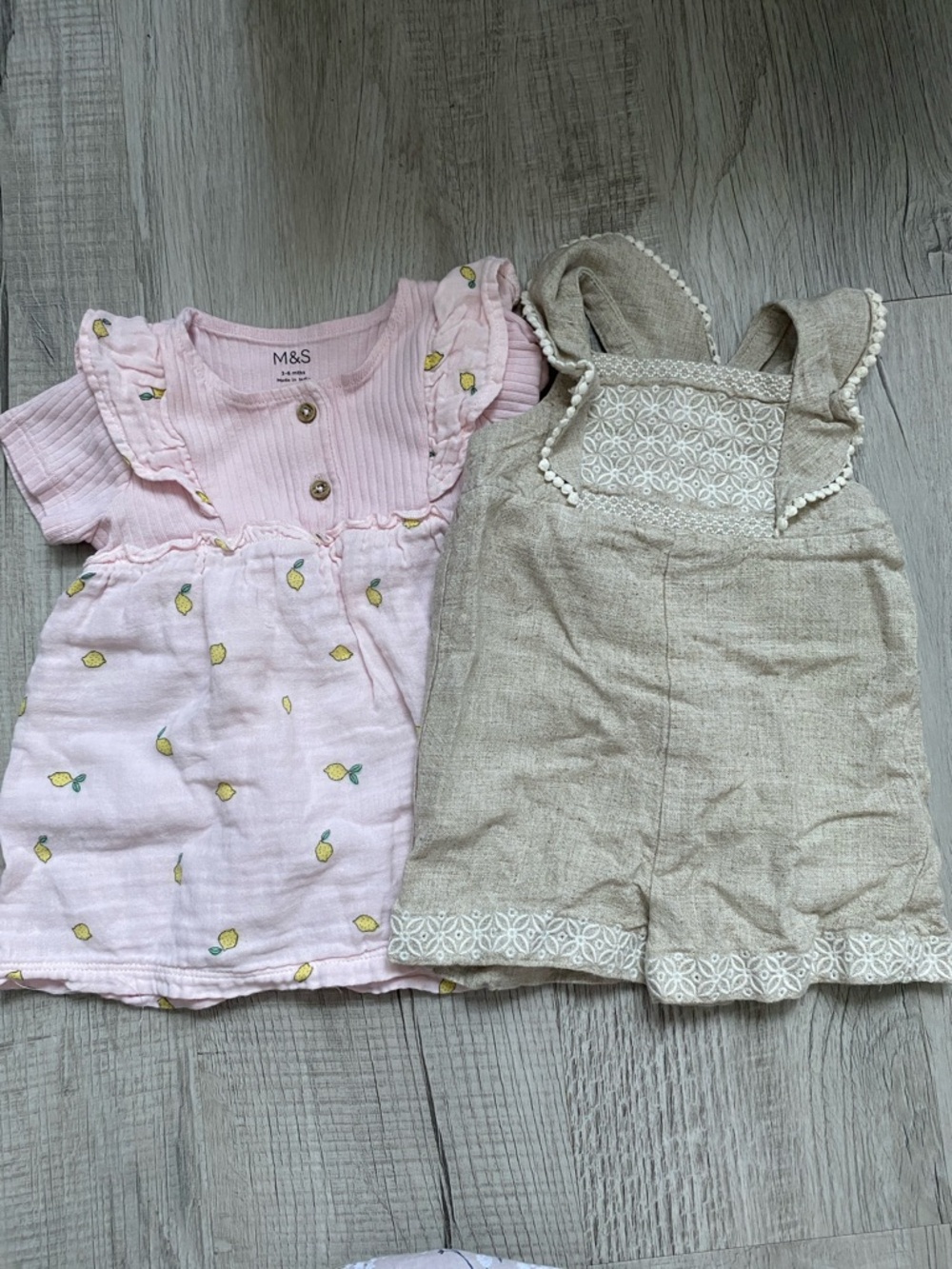 Pink Lemon-Print Baby Dress & Beige Linen Romper Set